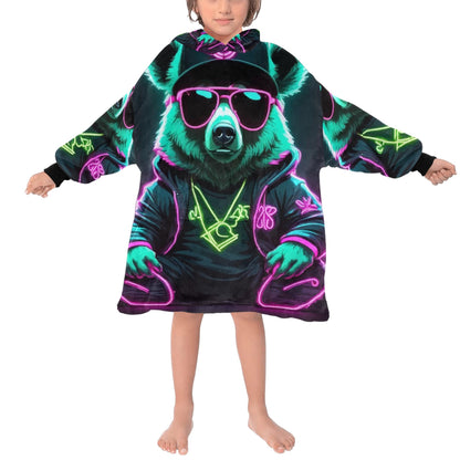 Kids Blanket Hoodie Gangsta Bear Gangster Neon Art