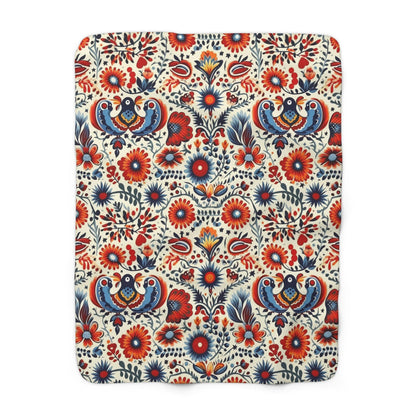Polish Garden Songbirds Sherpa Fleece Blanket | Polska Birds and Floral Sherpa Fleece Blanket | Housewarming Gift | Warm Sherpa Blanket