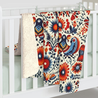 Polish Garden Songbirds Sherpa Fleece Blanket | Polska Birds and Floral Sherpa Fleece Blanket | Housewarming Gift | Warm Sherpa Blanket