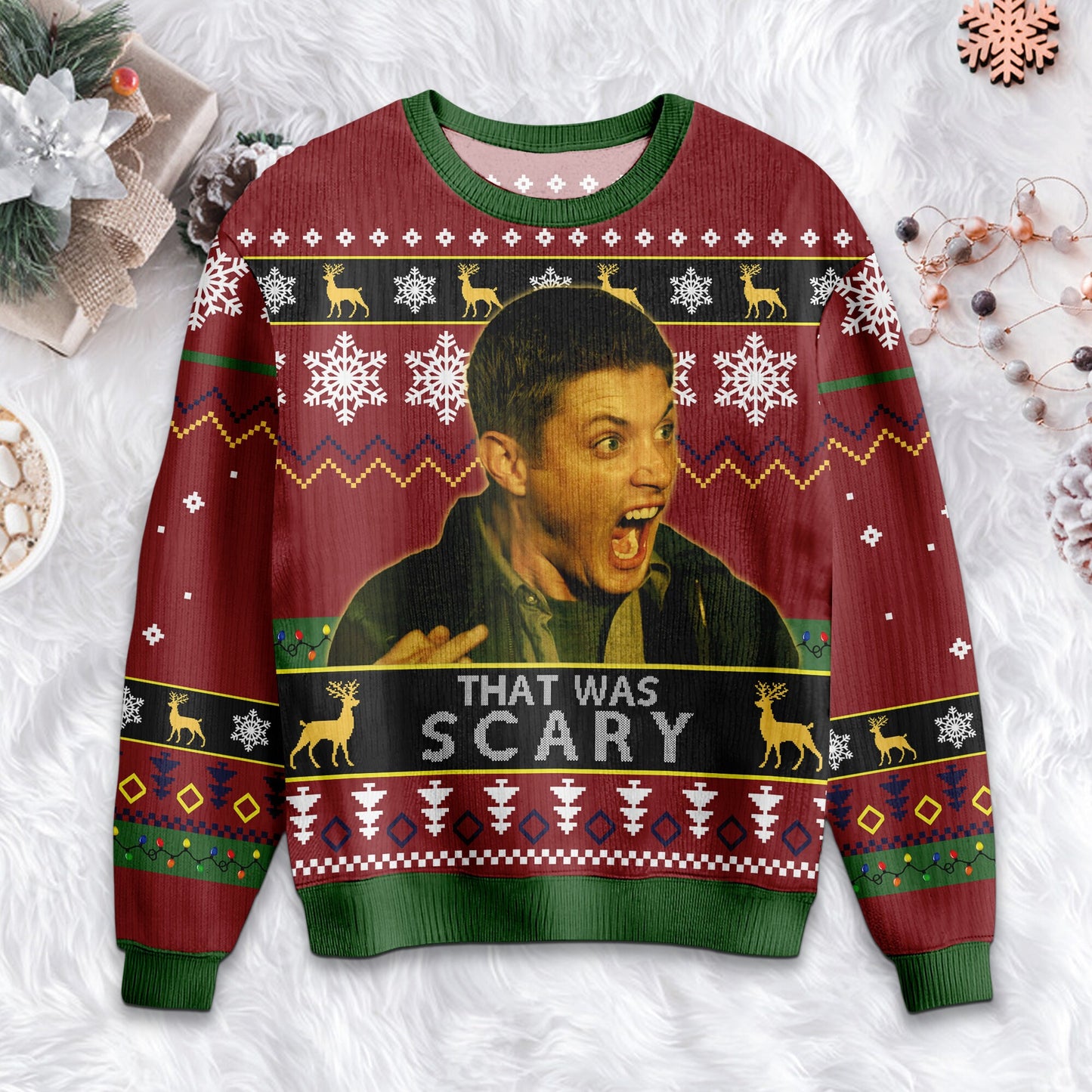 Dean Winchester 'That Was Scary' Ugly Christmas Sweater: Vintage Movie Quote