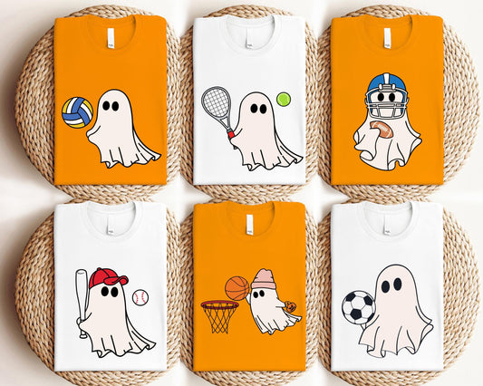 Ghost Sport Halloween Shirt, Kids Matching Horror Shirt, School Halloween Party Shirt,  Basketball Halloween Shirt, Spooky Football Tee