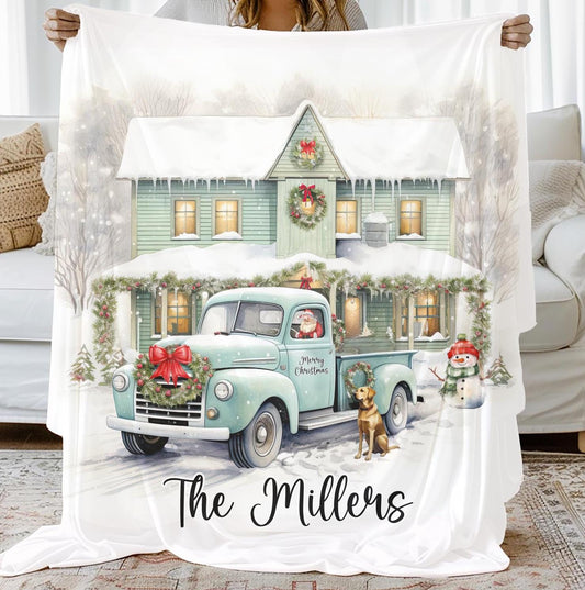 Christmas Truck and Farmhouse Personalized Blanket, Custom Family Name Christmas Blanket, Holiday Throw, Personalized Holiday Blanket