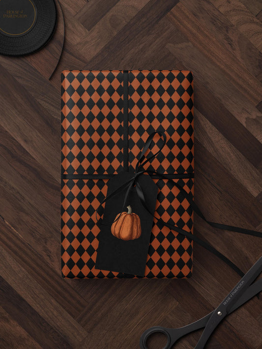 Halloween Wrapping Paper Fall Gift Wrap Orange and Black Paper Harlequin Design October Birthday Gift Wrap Roll Autumn Wrapping Paper Print