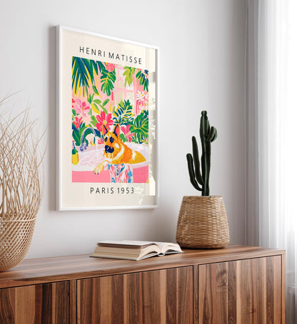 German Shepherd in Bathtub Art Print: Tropical Bathroom Decor