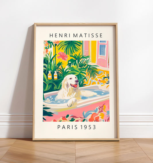 Great Pyrenees in bathtub, Matisse wall art, Funny bathroom poster for dog lovers, Pink dopamine decor, Dog art print