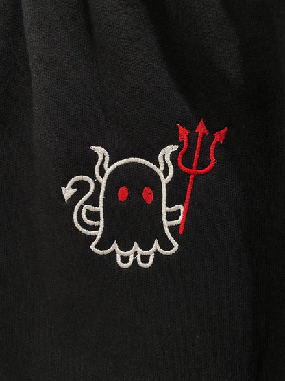 Embroidered Cute Ghost Devil w Pitchfork Beanie, Gift for Halloween, Spooky Casual Halloween Winter Wear, Simple Cute Winter Hat