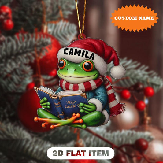 Personalized Frog Reading Book Christmas Ornament, Frog Xmas Ornament, Christmas Tree Decor, Christmas Gift, Gift For Frog Lover