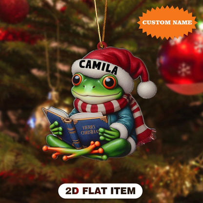 Personalized Frog Reading Book Christmas Ornament, Frog Xmas Ornament, Christmas Tree Decor, Christmas Gift, Gift For Frog Lover