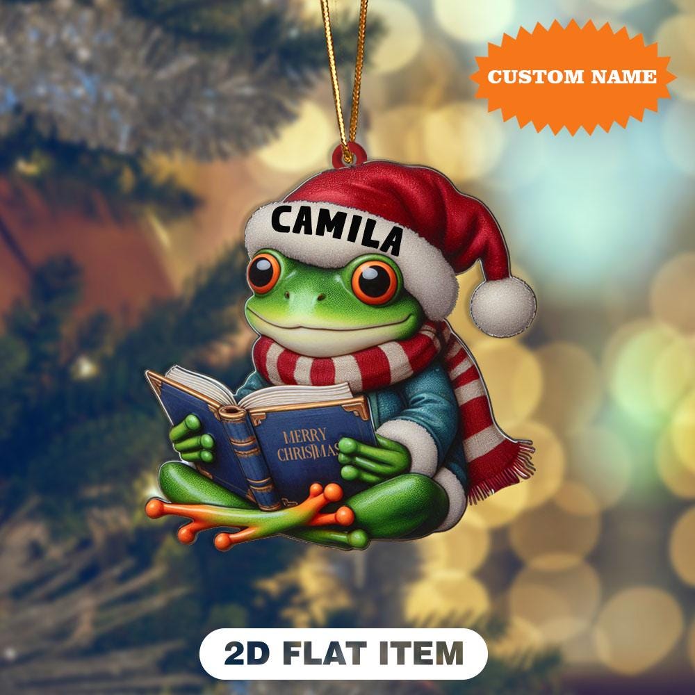 Personalized Frog Reading Book Christmas Ornament, Frog Xmas Ornament, Christmas Tree Decor, Christmas Gift, Gift For Frog Lover