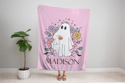 Custom Cozy Halloween Ghost Blanket, Personalized Name Gift with Cute Floral Design, Perfect for Fall Decor Gifts, halloween blanket