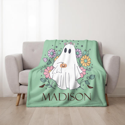 Custom Cozy Halloween Ghost Blanket, Personalized Name Gift with Cute Floral Design, Perfect for Fall Decor Gifts, halloween blanket
