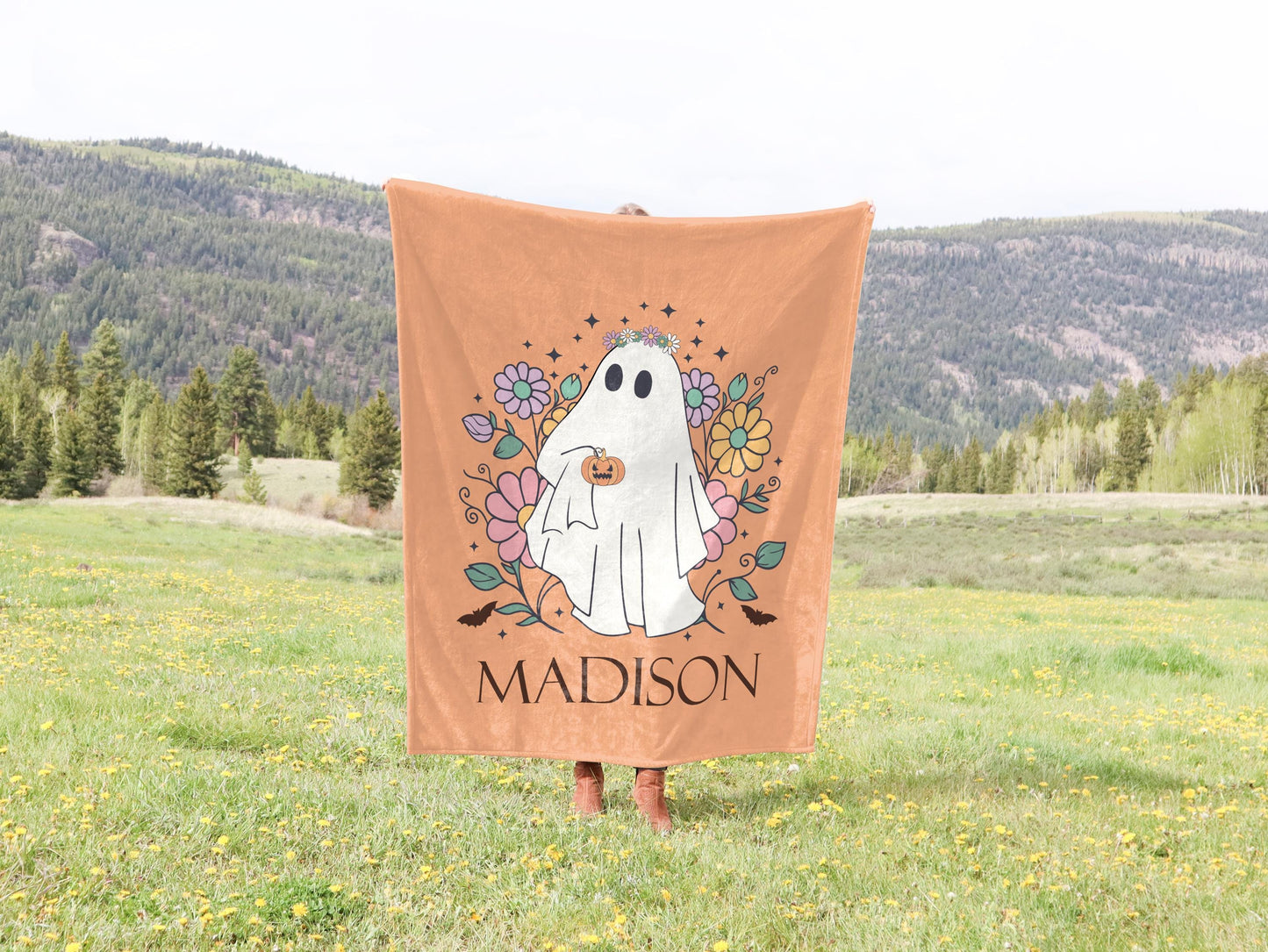 Custom Cozy Halloween Ghost Blanket, Personalized Name Gift with Cute Floral Design, Perfect for Fall Decor Gifts, halloween blanket