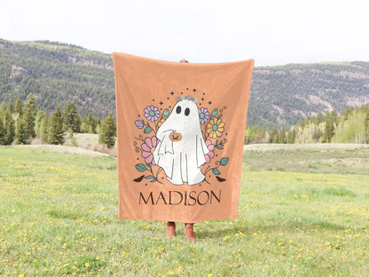 Custom Cozy Halloween Ghost Blanket, Personalized Name Gift with Cute Floral Design, Perfect for Fall Decor Gifts, halloween blanket