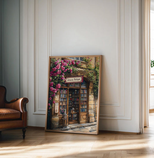 Bookstore Print, French Bookshop Art Print, Bookstore with Roses poster, Housewarming Gift, Bookstore print, Book lover gift, Bookish gift