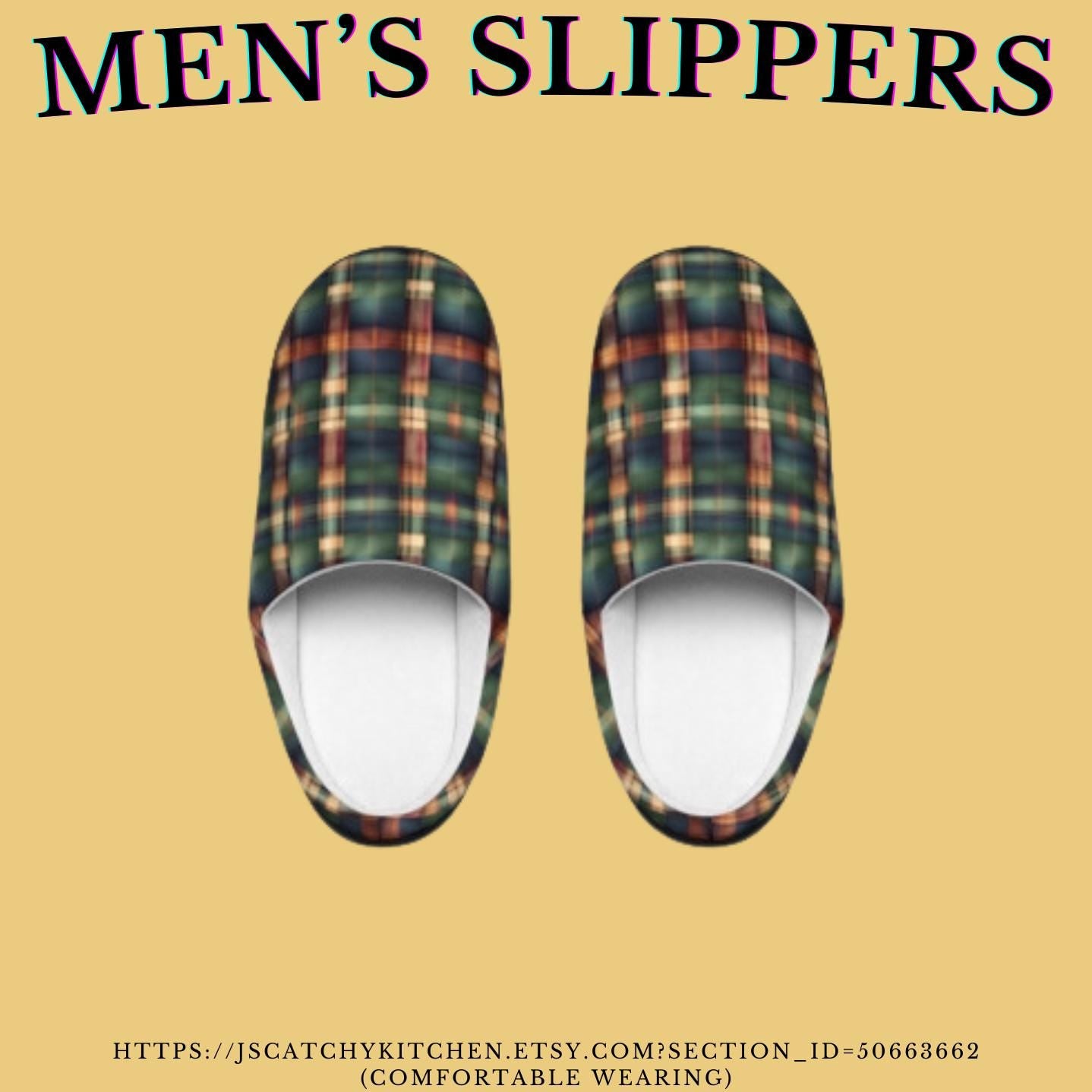 Men's IndoorSlippers Tartan Plaid Mensslippers Anti-Skid Rubber Sole IndoorSlippers Forest Green Cozy Houseshoes GoldenBrown Men'sgift