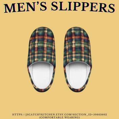 Men's IndoorSlippers Tartan Plaid Mensslippers Anti-Skid Rubber Sole IndoorSlippers Forest Green Cozy Houseshoes GoldenBrown Men'sgift