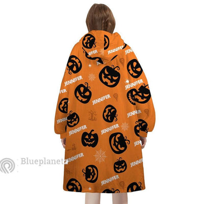 Custom Name Halloween Hoodies Blanket, Personalized Wearable Hoodie Blanket, Custom Jack O'Lantern Oversized Blanket