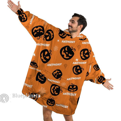 Custom Name Halloween Hoodies Blanket, Personalized Wearable Hoodie Blanket, Custom Jack O'Lantern Oversized Blanket
