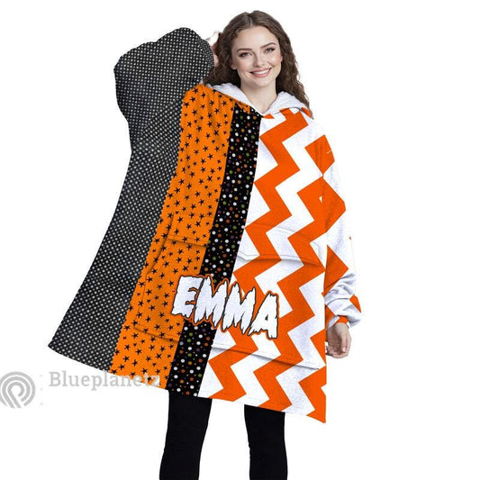 Custom Name Halloween Hoodies Blanket, Personalized Wearable Hoodie Blanket, Custom Halloween Pattern Oversized Blanket