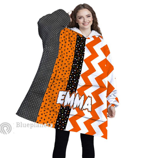 Custom Name Halloween Hoodies Blanket, Personalized Wearable Hoodie Blanket, Custom Halloween Pattern Oversized Blanket