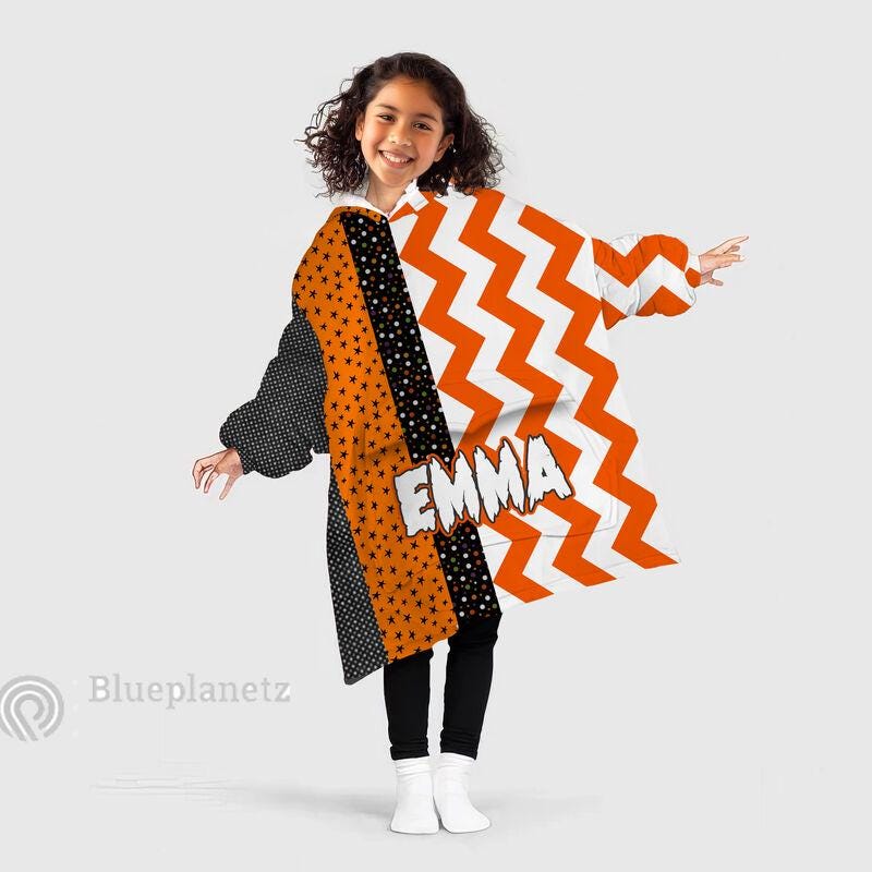 Custom Name Halloween Hoodies Blanket, Personalized Wearable Hoodie Blanket, Custom Halloween Pattern Oversized Blanket