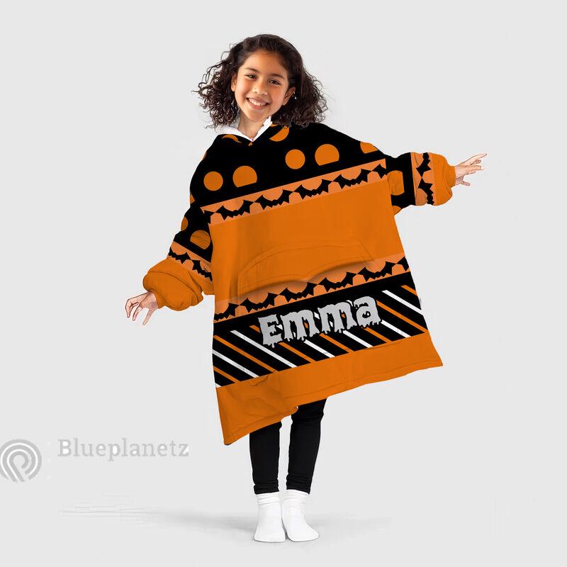 Personalized Wearable Hoodies Blanket, Custom Name Halloween Pattern Hoodie Blanket, Custom Happy Halloween Oversized Blanket, Gift