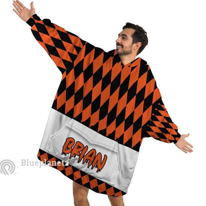 Personalized Wearable Hoodies Blanket, Custom Name Halloween Pattern Hoodie Blanket, Custom Happy Halloween Orange Oversized Blanket, Gift