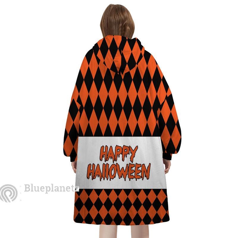 Personalized Wearable Hoodies Blanket, Custom Name Halloween Pattern Hoodie Blanket, Custom Happy Halloween Orange Oversized Blanket, Gift