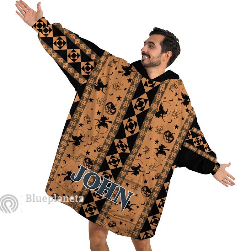 Personalized Wearable Hoodies Blanket, Custom Name Halloween Pattern Hoodie Blanket, Custom Witch Oversized Blanket, Gift