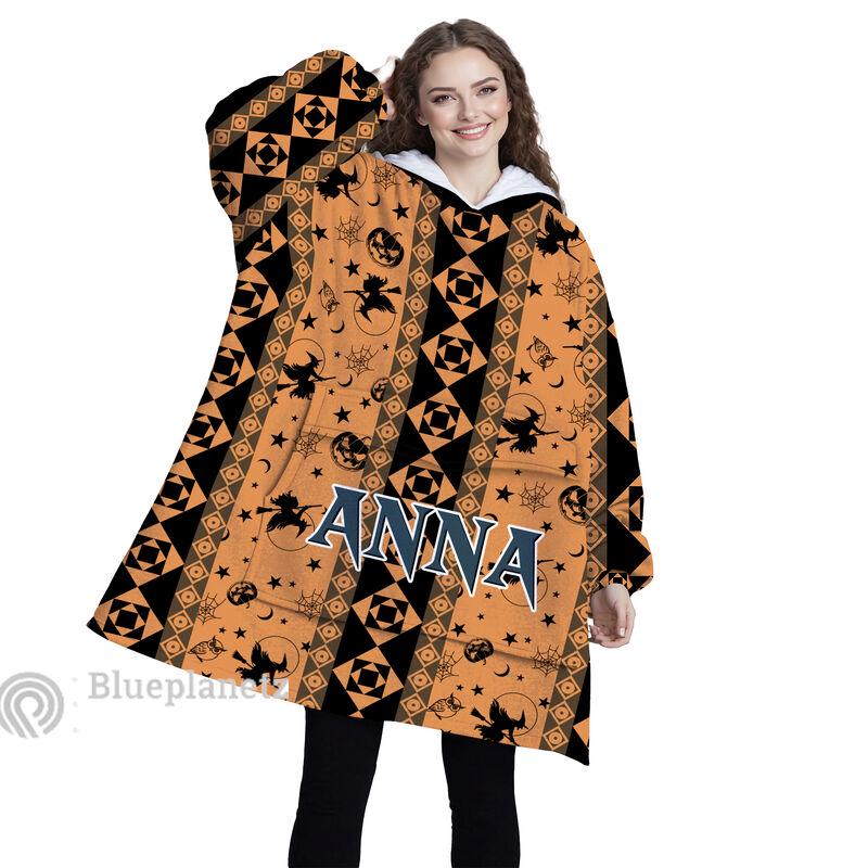 Personalized Wearable Hoodies Blanket, Custom Name Halloween Pattern Hoodie Blanket, Custom Witch Oversized Blanket, Gift