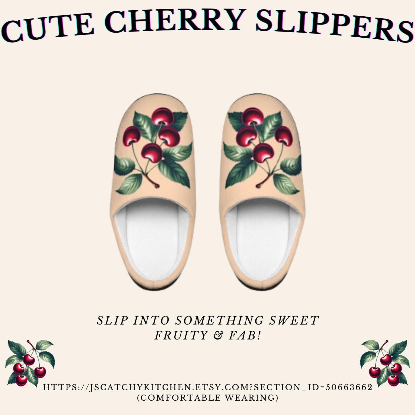 Peachy-Colored Women's Slippers with Dark Red Cherry Toile Design | Soft Fleece, Anti-Skid Black Rubber Soles | Cozy and Stylish HouseShoes