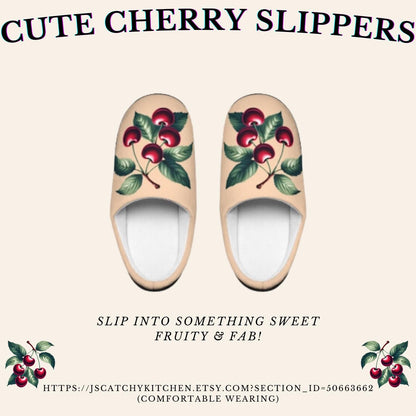 Peachy-Colored Women's Slippers with Dark Red Cherry Toile Design | Soft Fleece, Anti-Skid Black Rubber Soles | Cozy and Stylish HouseShoes