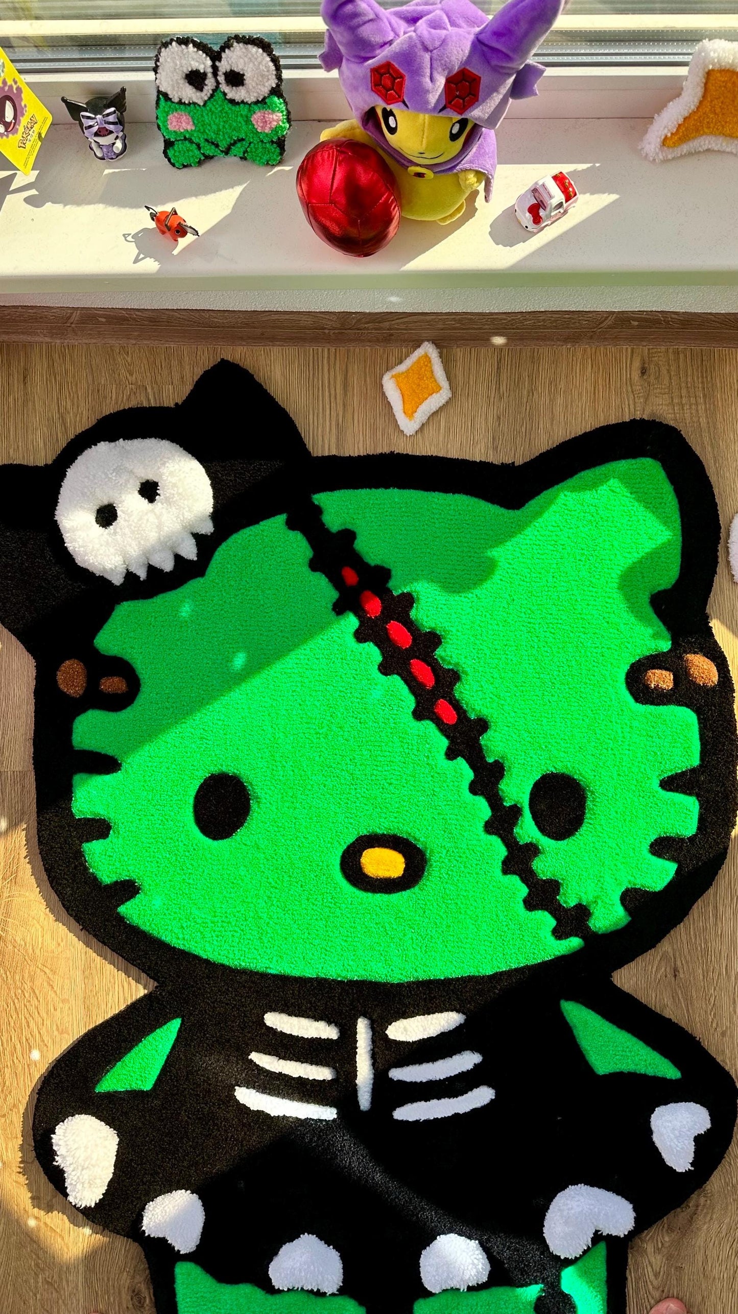 Green Halloween Dino Tufted Rug – Spooky Cute Carpet, Handmade Puffy Floor Mat, Kawaii Decor for Kids Room, 3D Custom Rug Gift