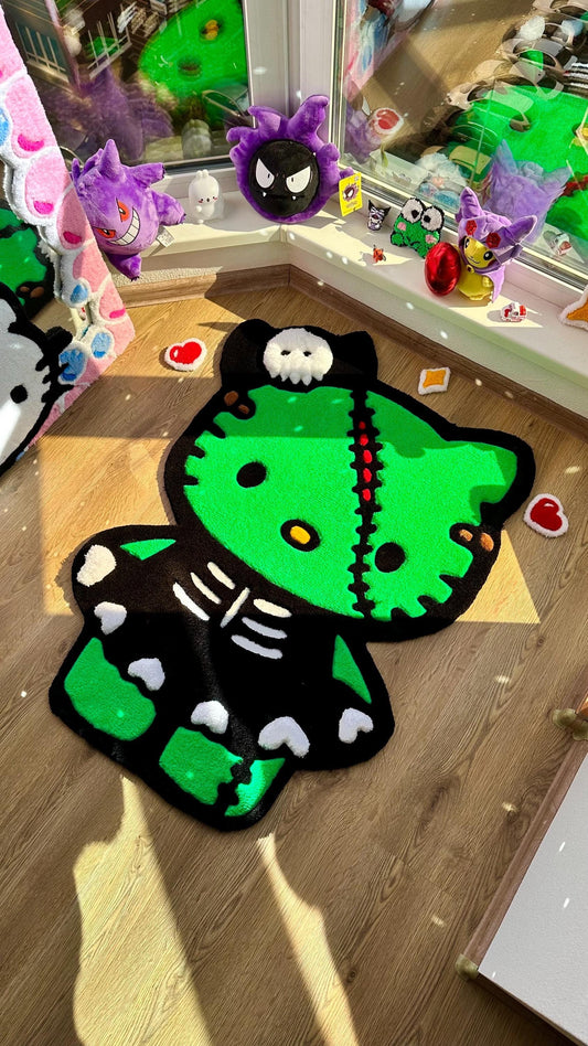 Green Halloween Dino Tufted Rug – Spooky Cute Carpet, Handmade Puffy Floor Mat, Kawaii Decor for Kids Room, 3D Custom Rug Gift