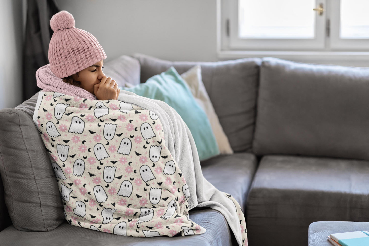 Soft Halloween Ghost Blanket, Halloween Home Decor or Gifts, Cute Spooky Soft Blanket, Cozy Fall Decor, Pink Ghost Throw, Hallowen Gift