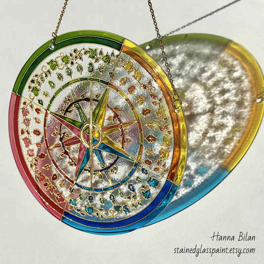 Mariners Compass Shine Suncatcher for window Plant flowers botanic kitchen living room decor Unique gift for mom Stained glass painting