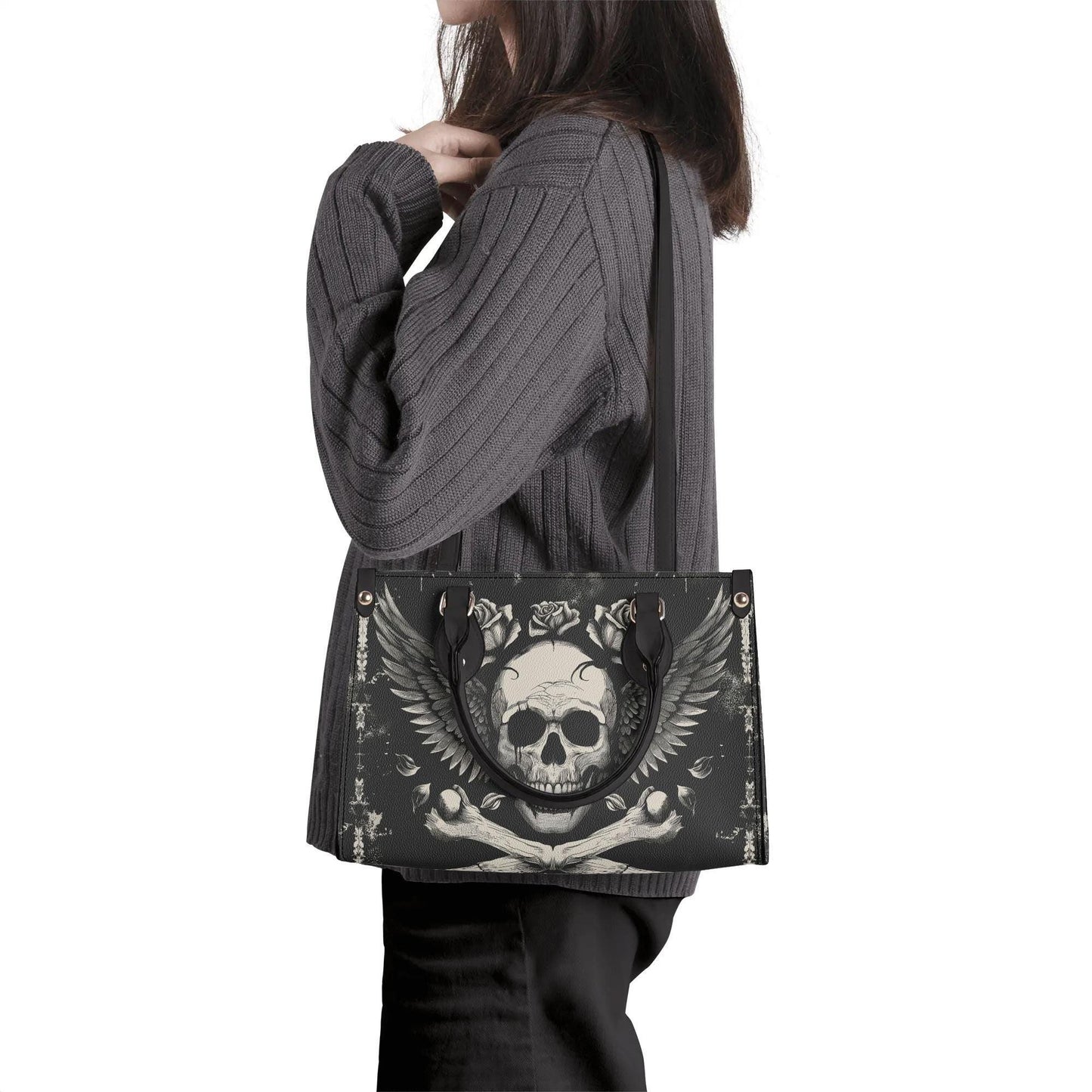 Bones and Skull Leather Tote Bag, Goth Wings Trendy Goth Handbag, Dark academia Vegan Leather Handbag Gift Black Purse, Whimsicore Handbag