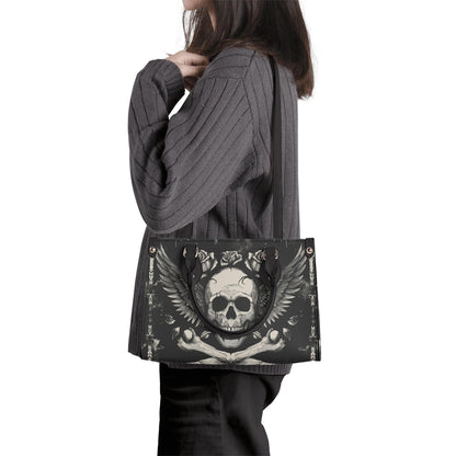 Bones and Skull Leather Tote Bag, Goth Wings Trendy Goth Handbag, Dark academia Vegan Leather Handbag Gift Black Purse, Whimsicore Handbag
