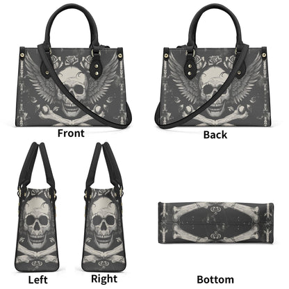 Bones and Skull Leather Tote Bag, Goth Wings Trendy Goth Handbag, Dark academia Vegan Leather Handbag Gift Black Purse, Whimsicore Handbag