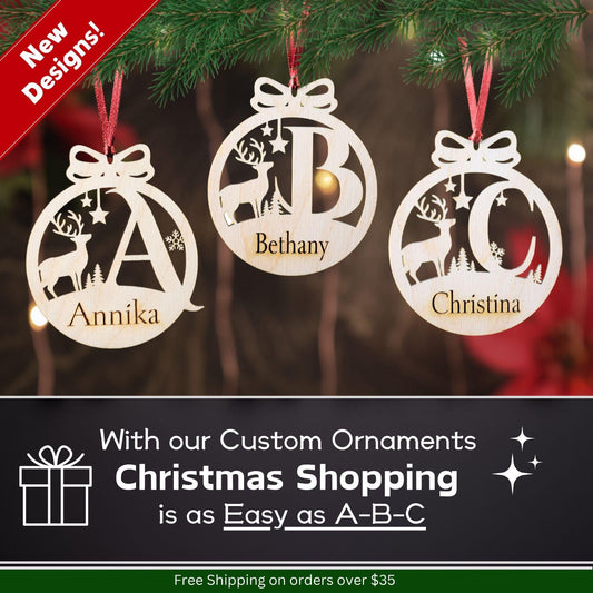 Custom Christmas Ornament | Personalized Monogram Name Bauble | Custom Deer Ornament | Gifts for Kids