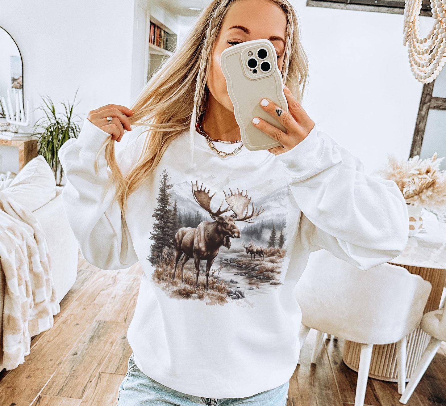 Retro Bull Moose Wilderness Scene Sweatshirt - 90s Moose Wildlife Sweatshirt - Winter Mountain Creek - Unisex Graphic Crewneck Sweatshirt