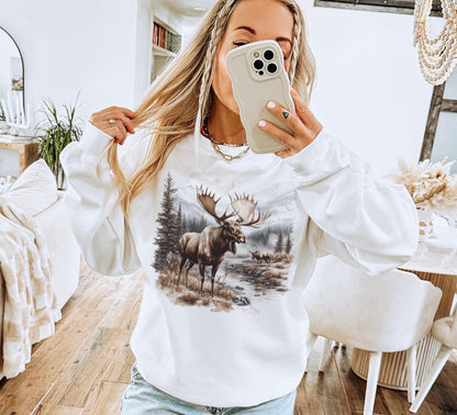 Retro Bull Moose Wilderness Scene Sweatshirt - 90s Moose Wildlife Sweatshirt - Winter Mountain Creek - Unisex Graphic Crewneck Sweatshirt