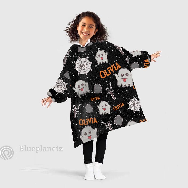 Custom Name Halloween Hoodies Blanket, Personalized Wearable Hoodie Blanket, Custom Ghost Spider Oversized Blanket