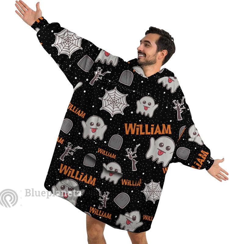 Custom Name Halloween Hoodies Blanket, Personalized Wearable Hoodie Blanket, Custom Ghost Spider Oversized Blanket