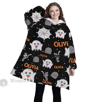 Custom Name Halloween Hoodies Blanket, Personalized Wearable Hoodie Blanket, Custom Ghost Spider Oversized Blanket