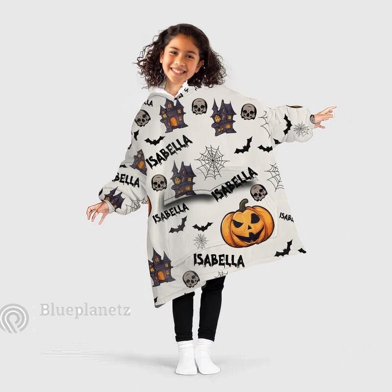 Custom Name Halloween Hoodies Blanket, Personalized Wearable Hoodie Blanket, Custom Pumpkin Haunted House Skull Oversized Blanket