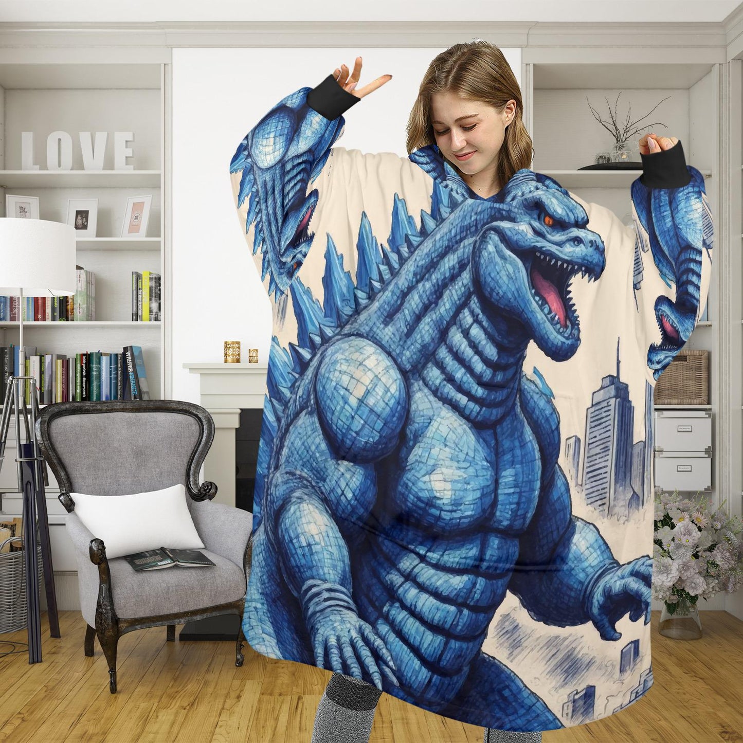 Retro Godzilla Blanket Hoodie Personalized Kaiju Art