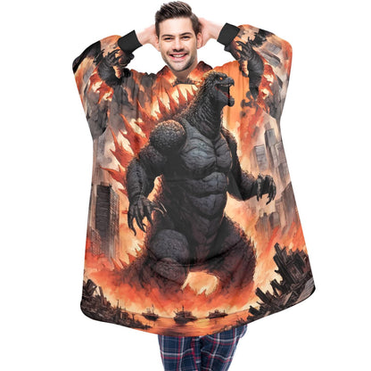 Godzilla Blanket Hoodie Retro Kaiju Cartoon Fleece Blanket
