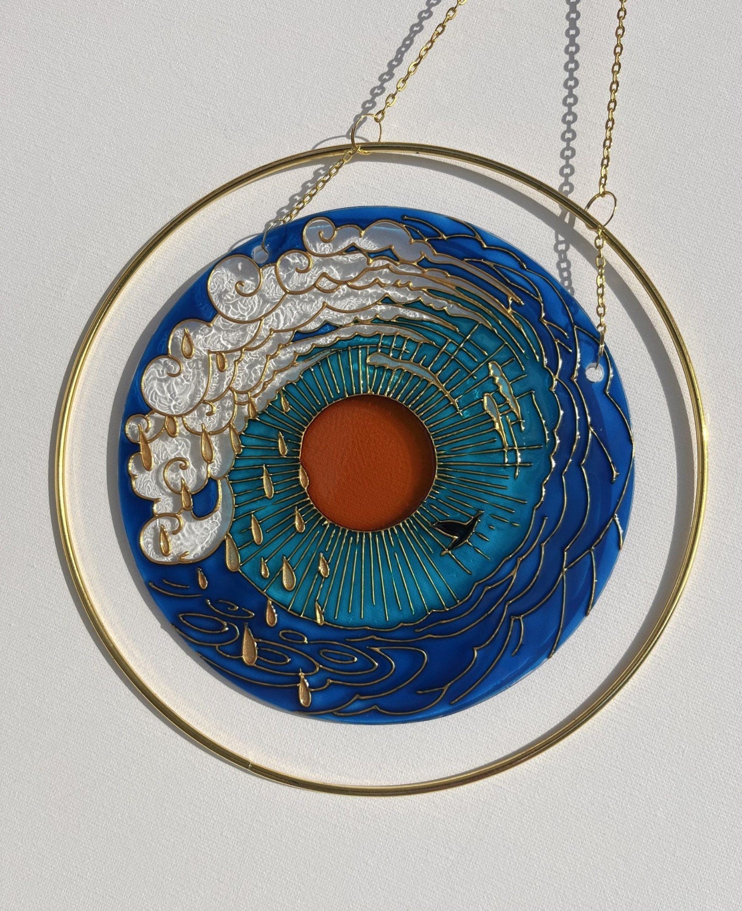 Stained glass suncatcher Sea mood Sun Cloud Bird Unique painting Cute gift