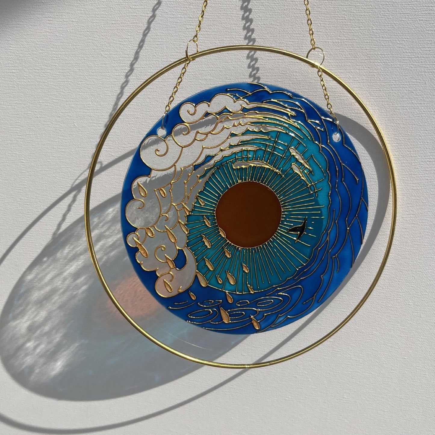 Stained glass suncatcher Sea mood Sun Cloud Bird Unique painting Cute gift